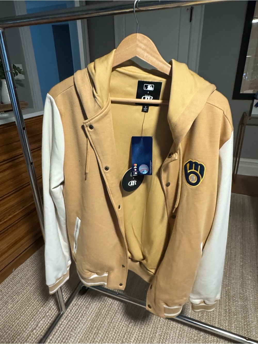 Milwaukee Brewers MLB Two-Tone Hooded Jacket in Mustard Yellow & Cream